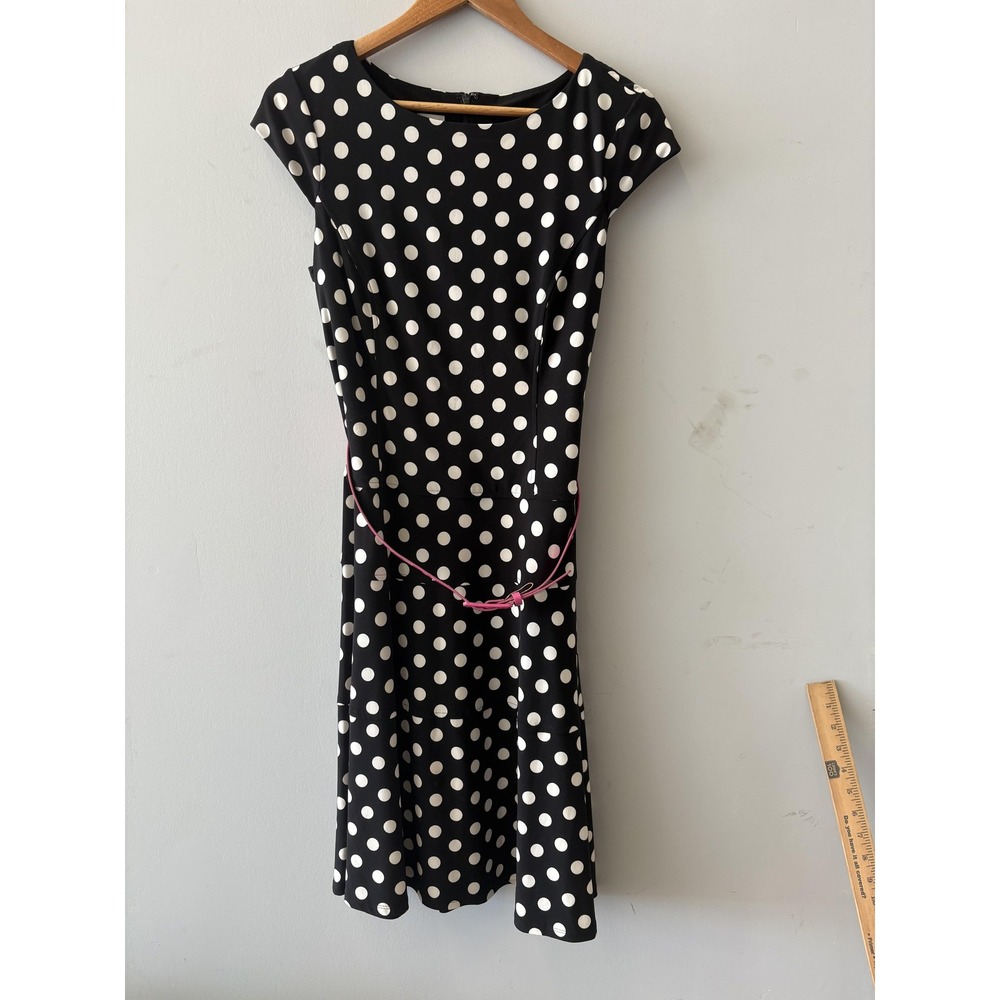 Anne Klein Dress Womens 10 Black Polka Dot Belted Fit & Flare Cap Sleeve Knee